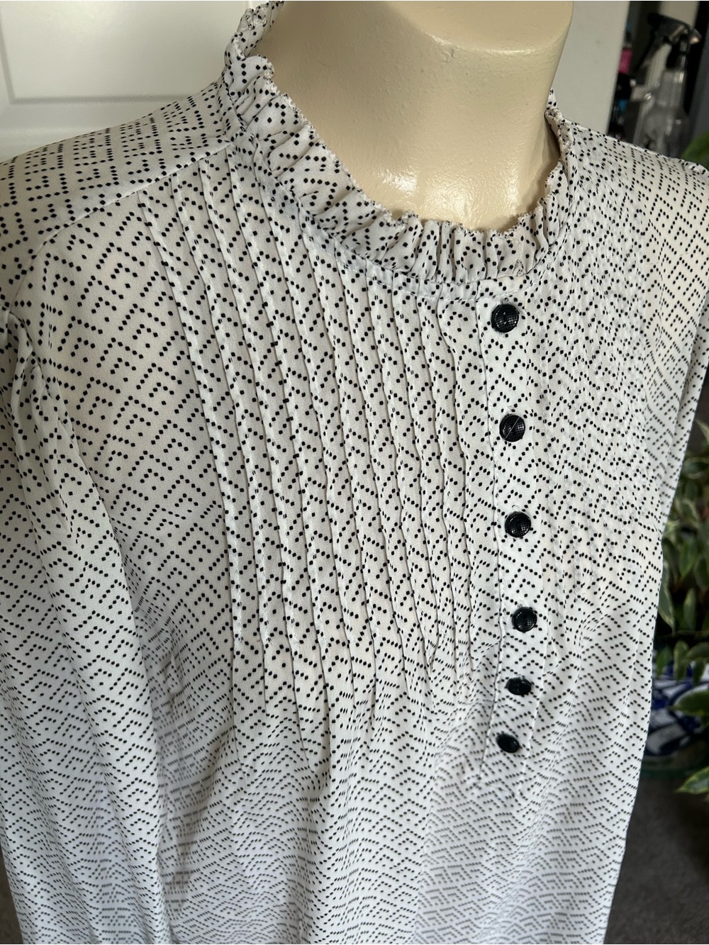 White Dot Pintuck Blouse with Black Buttons
